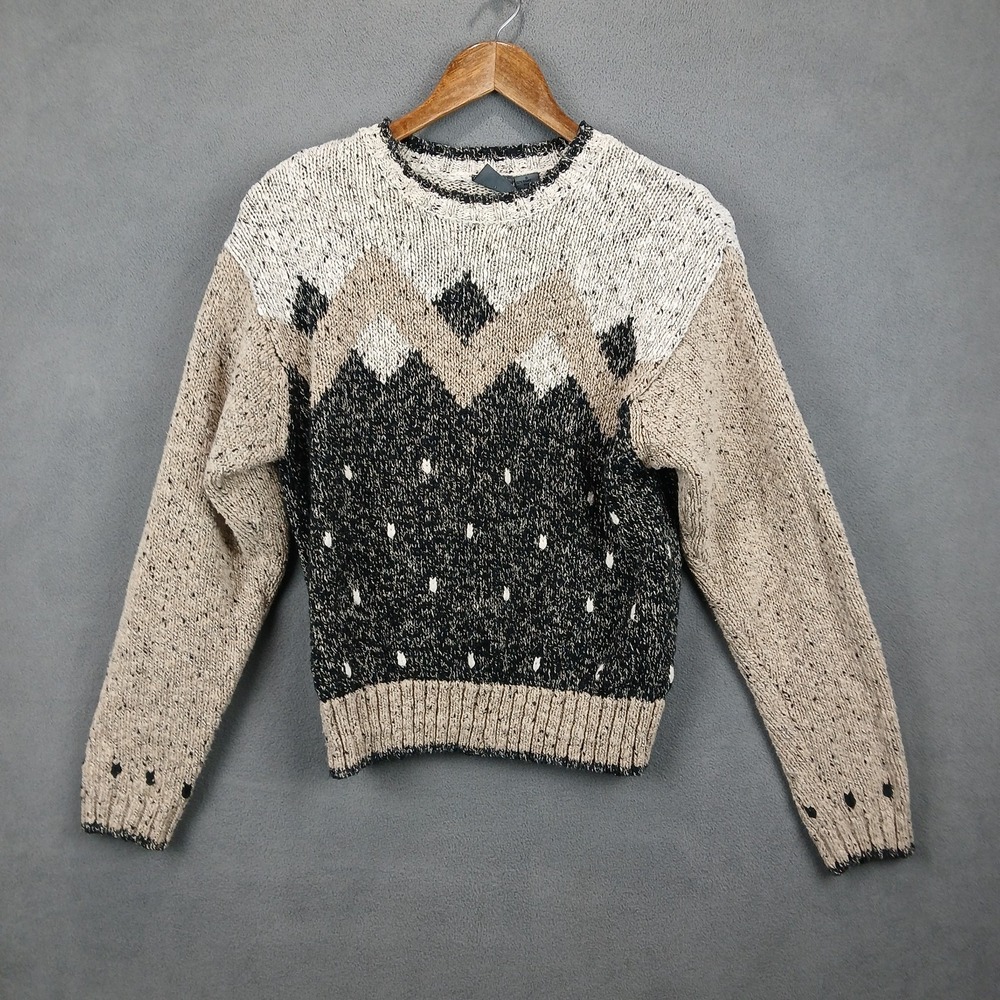 Vintage Liz Wear Knit Sweater Womens Small Beige Geometric‎ Print Cozy Cotton